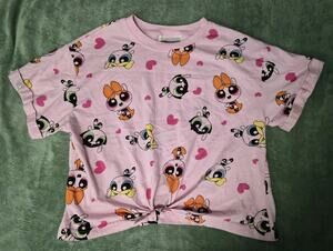 Junior's L/XL Girls XL Powerpuff Girls Shirt Pink Crew Neck Cropped Short Sleeve